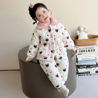 儿童珊瑚绒睡衣女童冬季三层夹棉