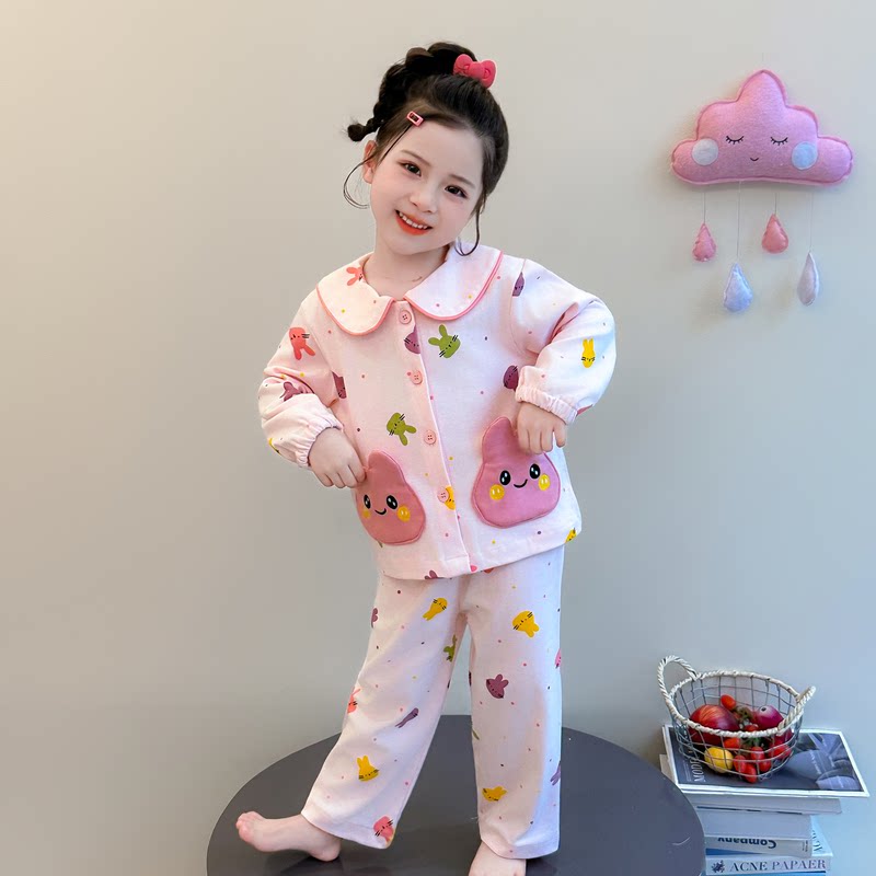 女童睡衣套装春秋款A类纯棉2026新款女孩宝宝春季卡通开衫家居服