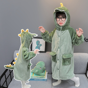 男童恐龙睡袍秋冬季珊瑚绒加厚女宝宝法兰绒睡衣儿童男宝宝家居服