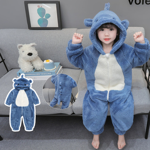 男童珊瑚绒连体睡衣秋冬季加厚儿童防踢被爬服男宝宝法兰绒家居服