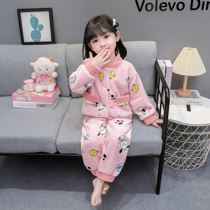 2024新款女童法兰绒家居服儿童睡衣秋冬款开衫宝宝冬季珊瑚绒套装