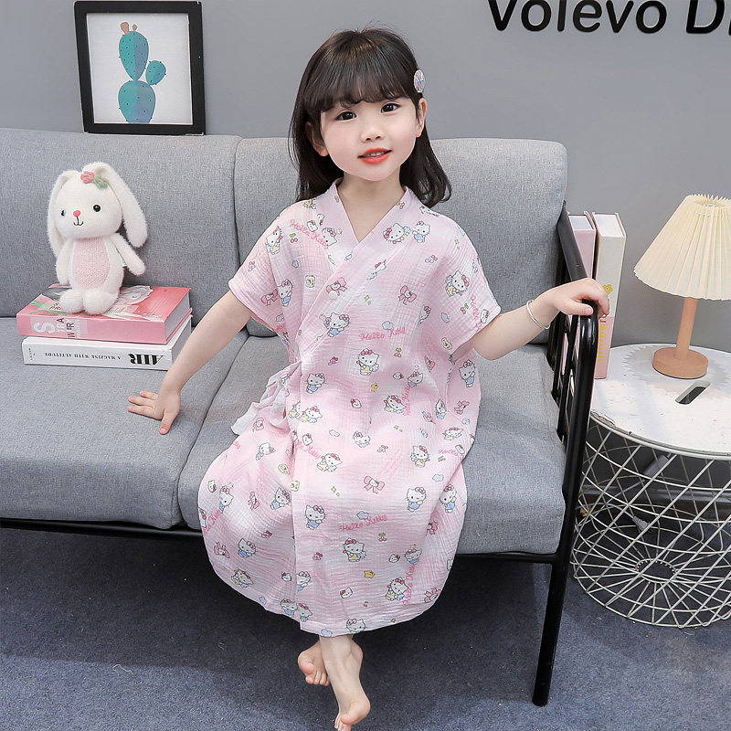 女童睡衣夏季纯棉薄款儿童家居服睡袍纱布女宝宝睡裙小女孩浴袍