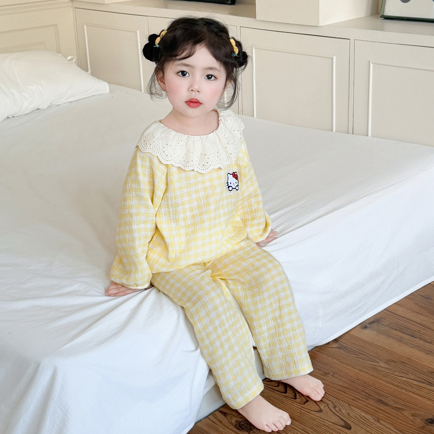 女童纯棉睡衣儿童春秋款长袖格子花边领套装女宝宝棉纱洋气空调服