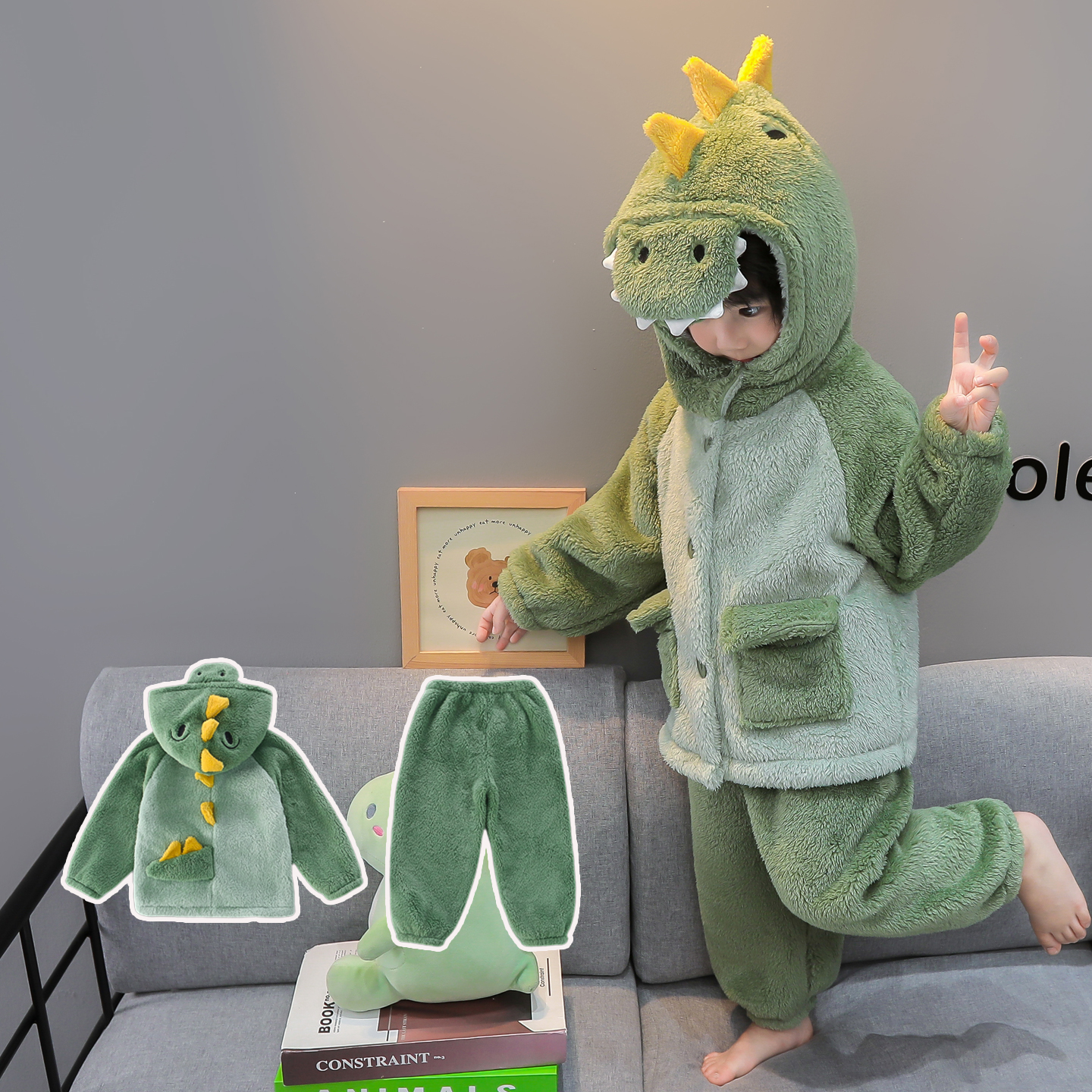 儿童恐龙睡衣秋冬款珊瑚绒加厚