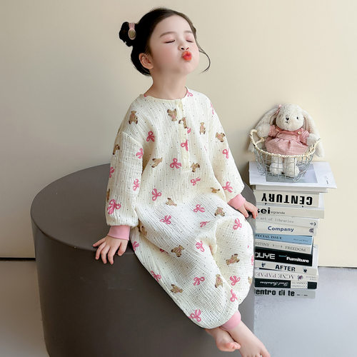 女童纯棉春秋薄款卡通连体睡衣