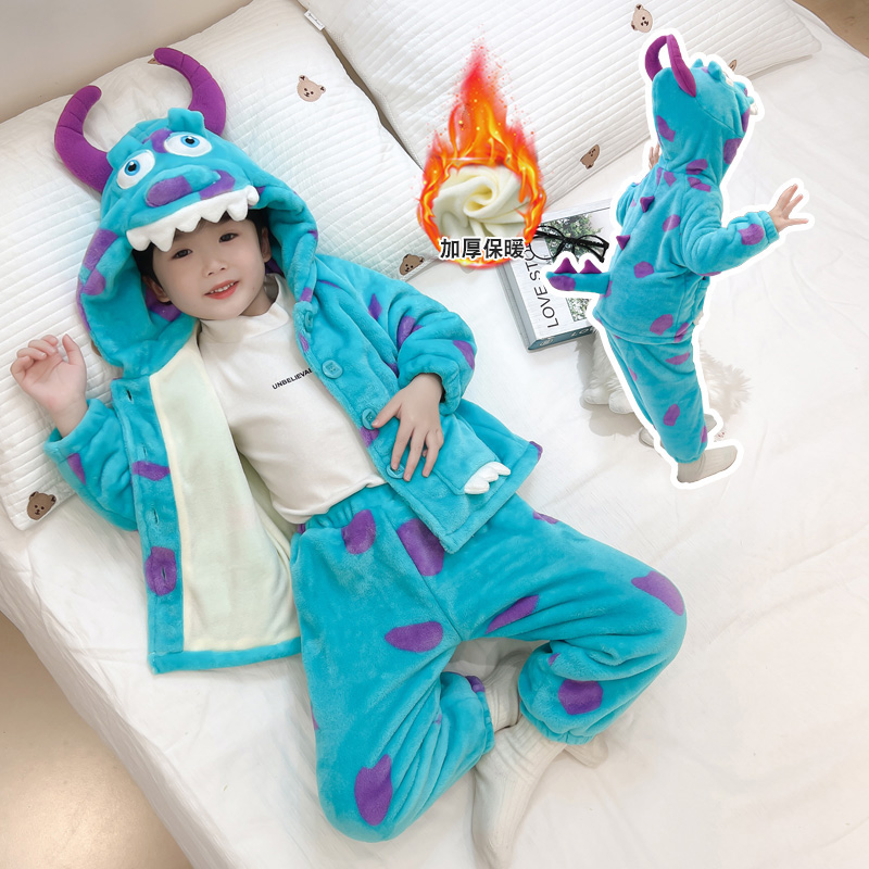 儿童睡衣秋冬季珊瑚绒男童法兰绒家居服双层加厚男孩怪兽套装冬款