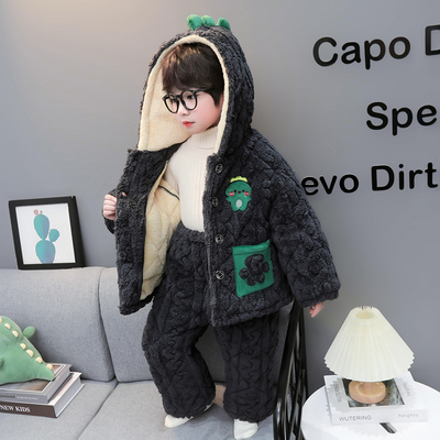 儿童秋冬季睡衣加厚款卡通珊瑚绒三层夹棉男童家居服套装宝宝睡衣