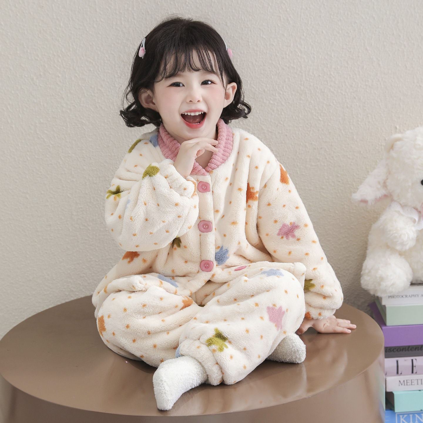 女童法兰绒睡衣秋冬款家居服套装