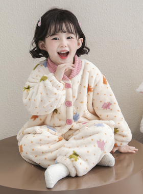 女童法兰绒睡衣秋冬款2026新款女孩双层加厚珊瑚绒保暖家居服套装