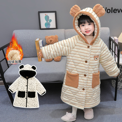 女童珊瑚绒睡衣新款冬季男孩豹纹三层夹棉加厚加绒儿童家居服睡袍