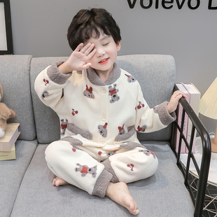 儿童睡袍男童秋冬款卡通家居服浴袍2025新款雪粒绒樱桃熊小狗睡袍