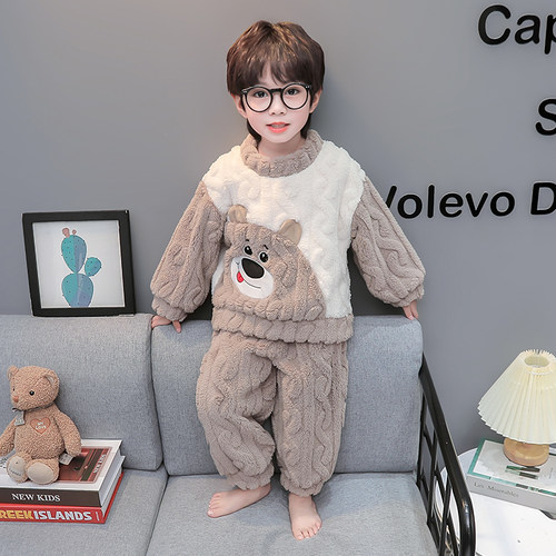 法兰绒家居服冬季加绒小熊男孩