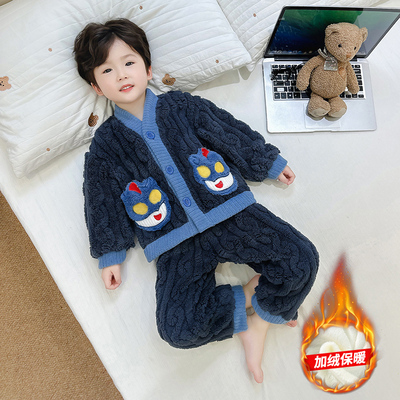 儿童奥特曼秋冬款双层加厚法兰绒睡衣套装中小童男童珊瑚绒家居服