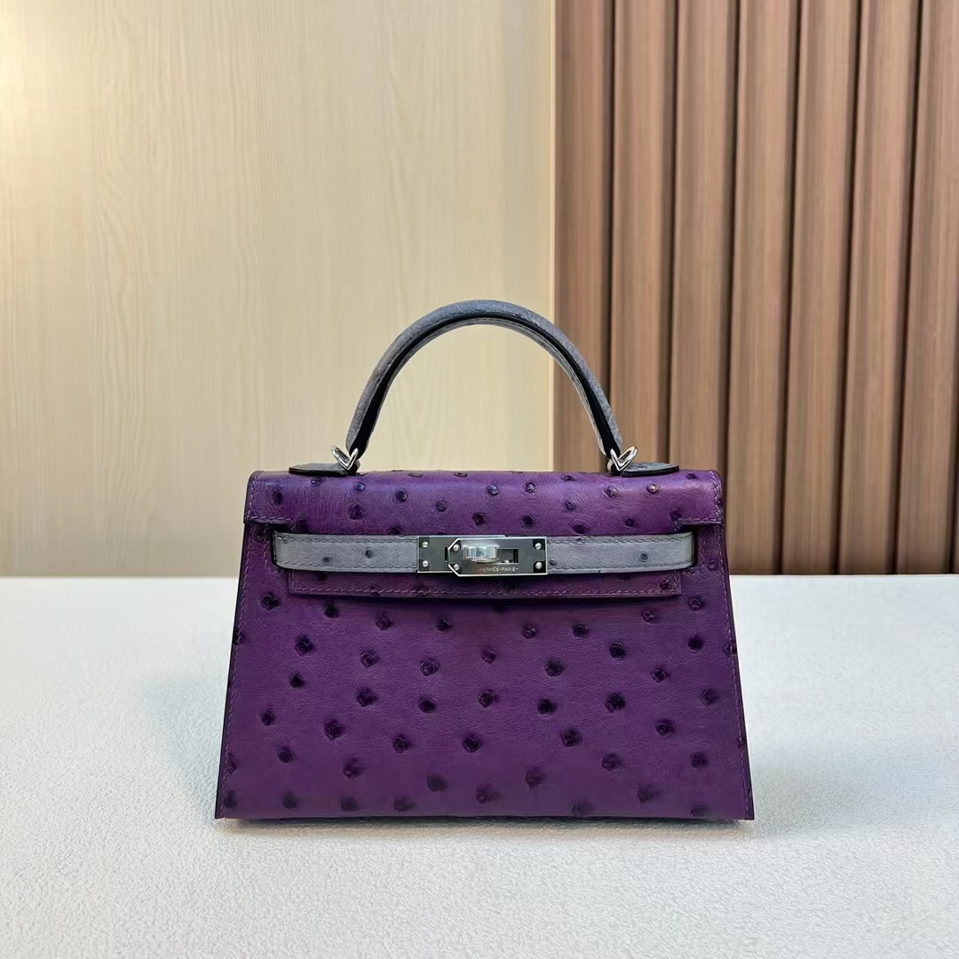 Mini kelly 鸵鸟 海葵紫 Anemone 拼 玛瑙灰 银扣 PHw 手缝 Stock