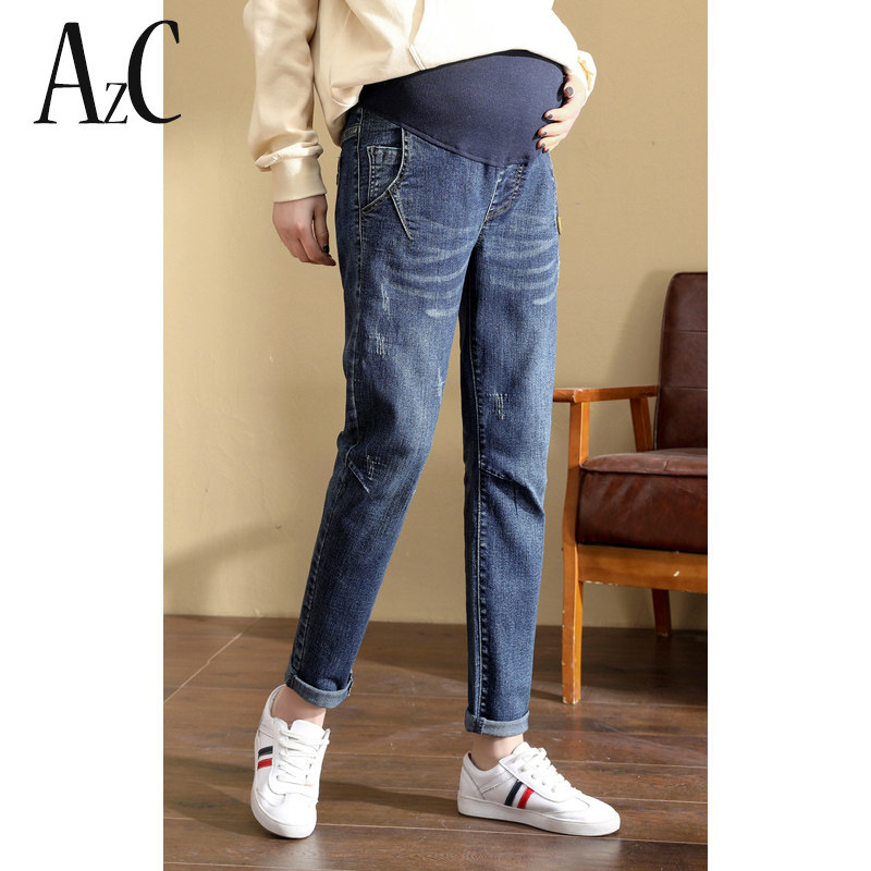 孕妇裤子秋季外穿牛仔裤秋冬长裤直筒老爹裤宽松大码加绒加厚冬季