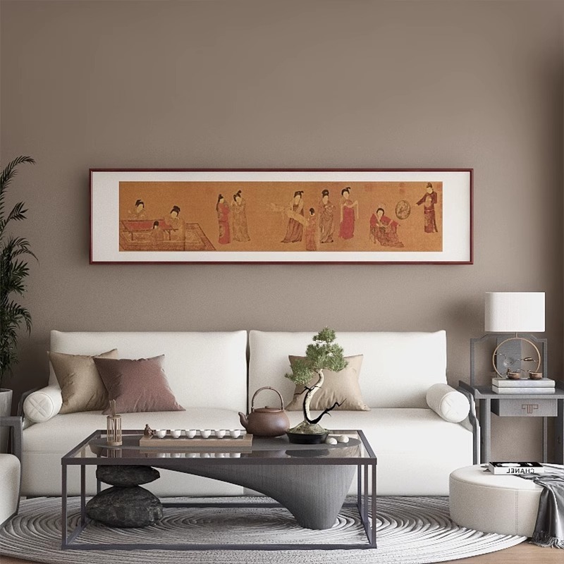 簪花仕女图唐代横幅仿古国画新中式茶室挂画客厅卧室背景墙装饰画
