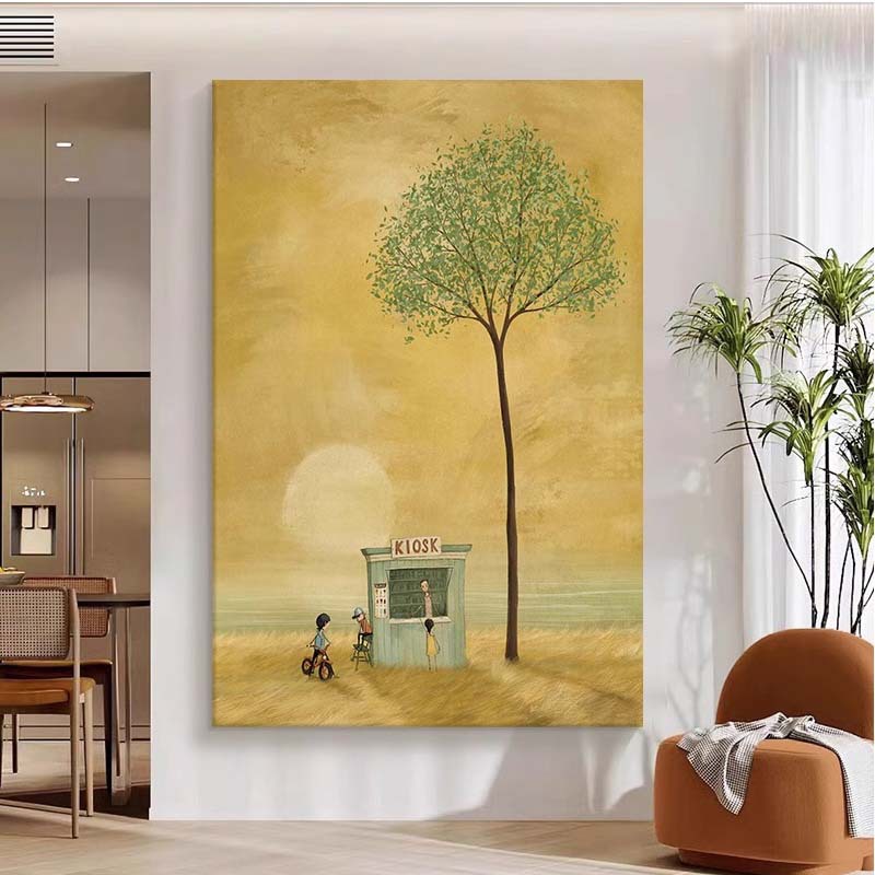 卡通治愈系风景喷绘油画感艺术人物树木客厅装饰画玄关卧室小众画图片