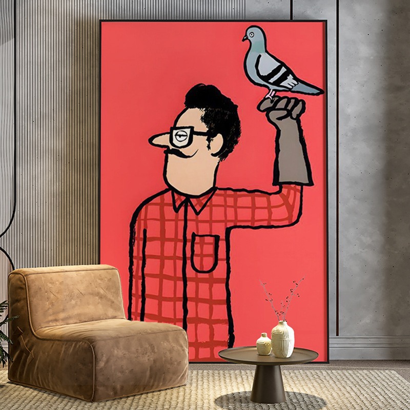 简约现代  红色创意人物插画鸽子客厅玄关装饰画卧室壁画竖版挂画图片