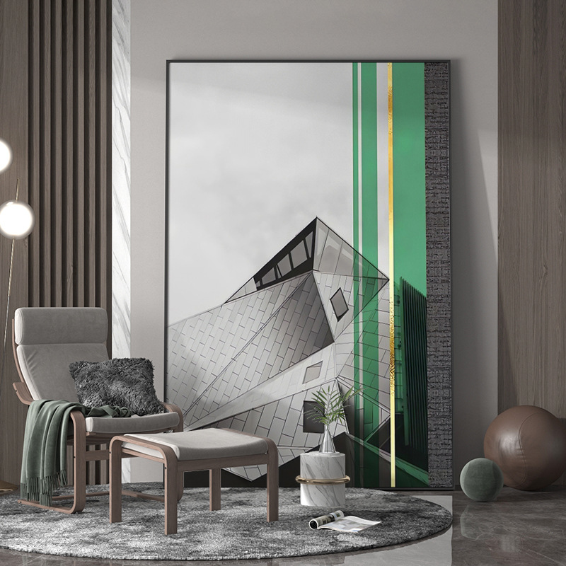 现代轻奢客厅玄关几何空间建筑装饰画个性室内背景墙壁竖版挂画图片