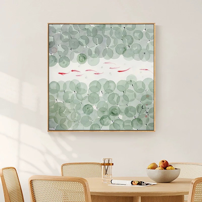 新中式青绿色荷花九鱼图客厅挂画日式小清新沙发后餐厅卧室床头画图片