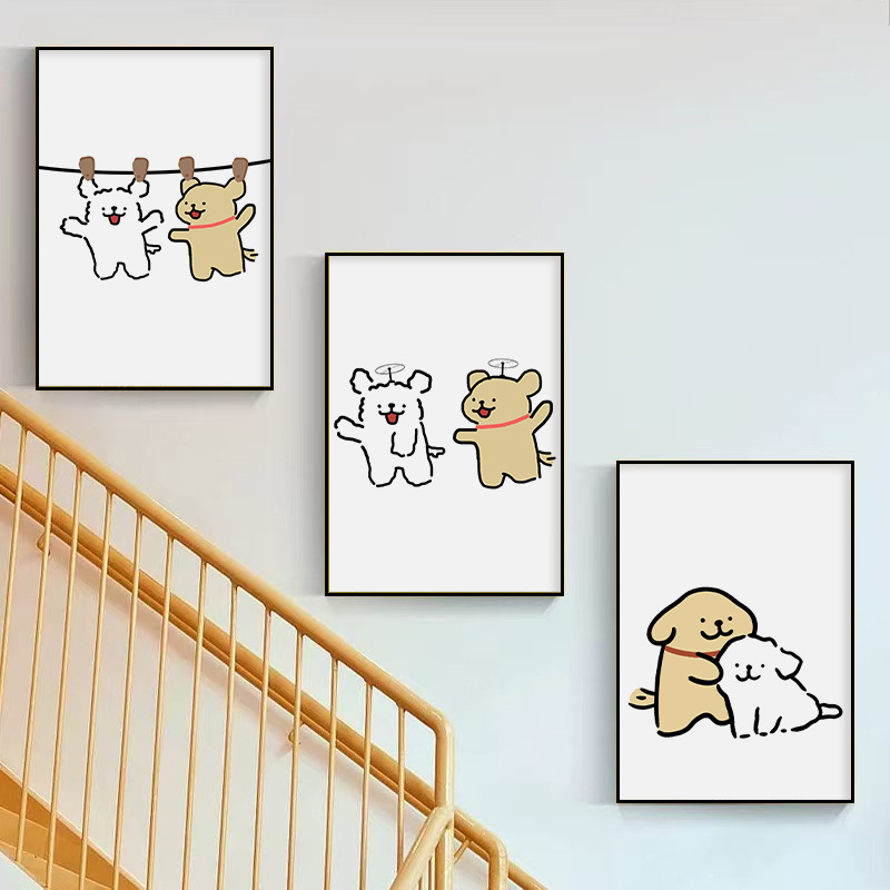 卡通动漫客厅装饰画简约抽象沙发背景墙挂画线条小狗楼梯三联壁画图片