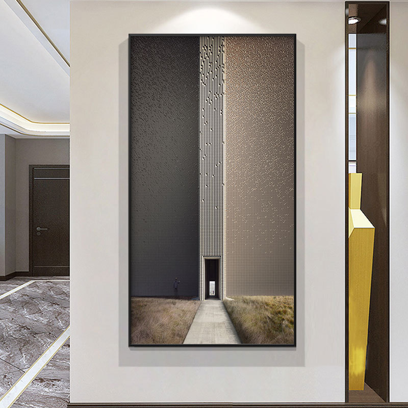 工业风空间延伸入户玄关装饰画立体建筑走廊挂画超长竖版过道壁画图片