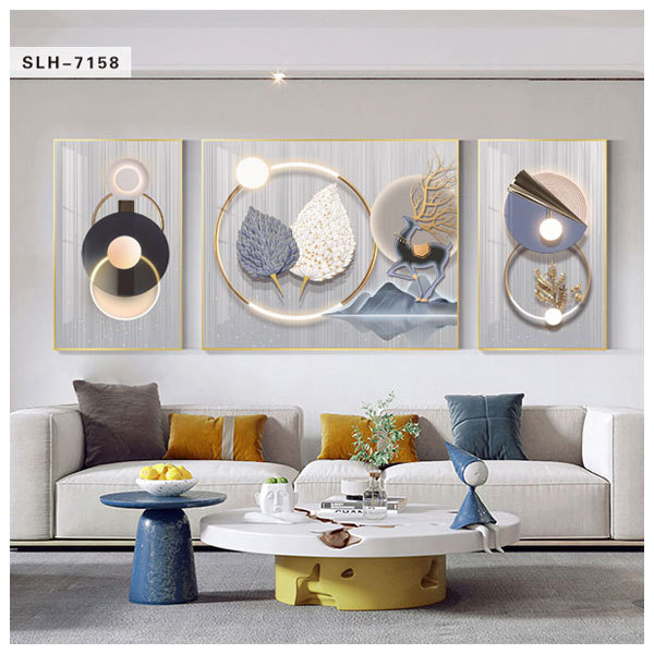 现代简约客厅装饰画抽象几何三联羽毛壁画轻奢沙发背景墙晶瓷挂画图片