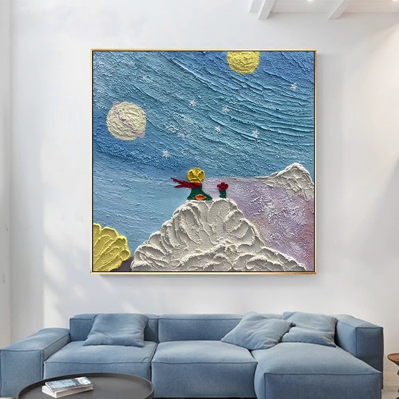 手绘油画小王子星空方形儿童房书房挂画轻奢客厅装饰画玄关挂画图片