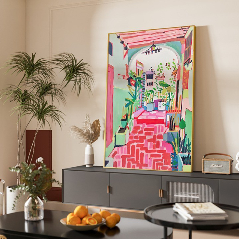 奶油风现代  客厅沙发背景墙装饰画红色水彩建筑抽象玄关壁画挂画图片