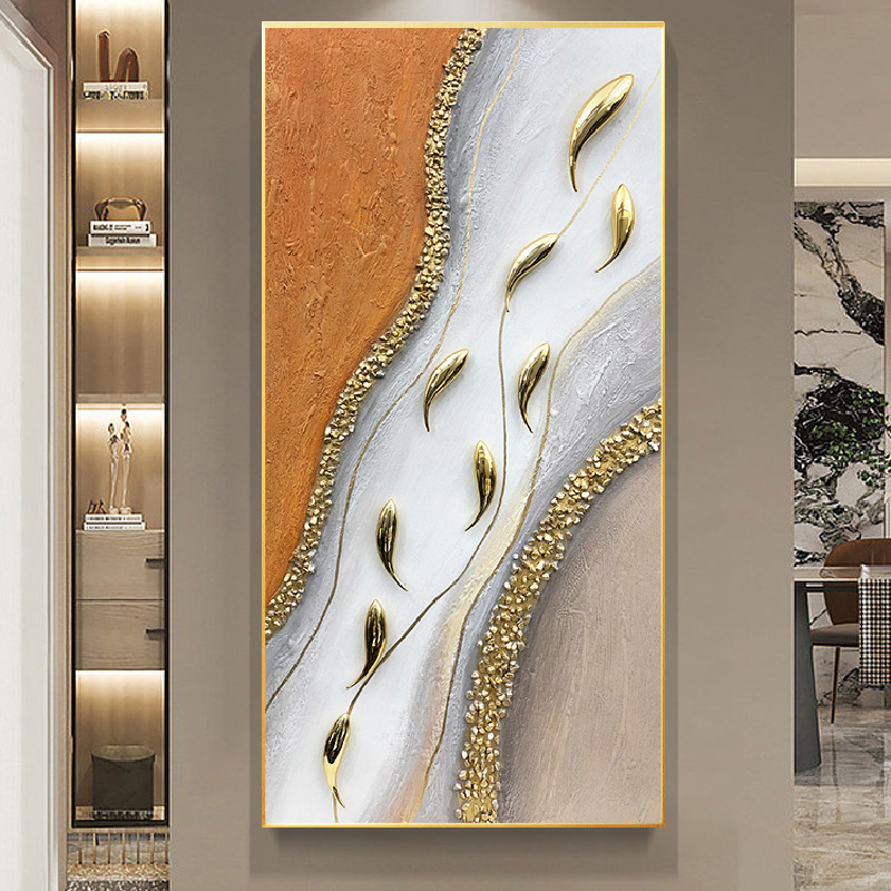 九鱼图抽象简约手绘油画入户玄关餐厅装饰画现代轻奢走廊过道挂画图片