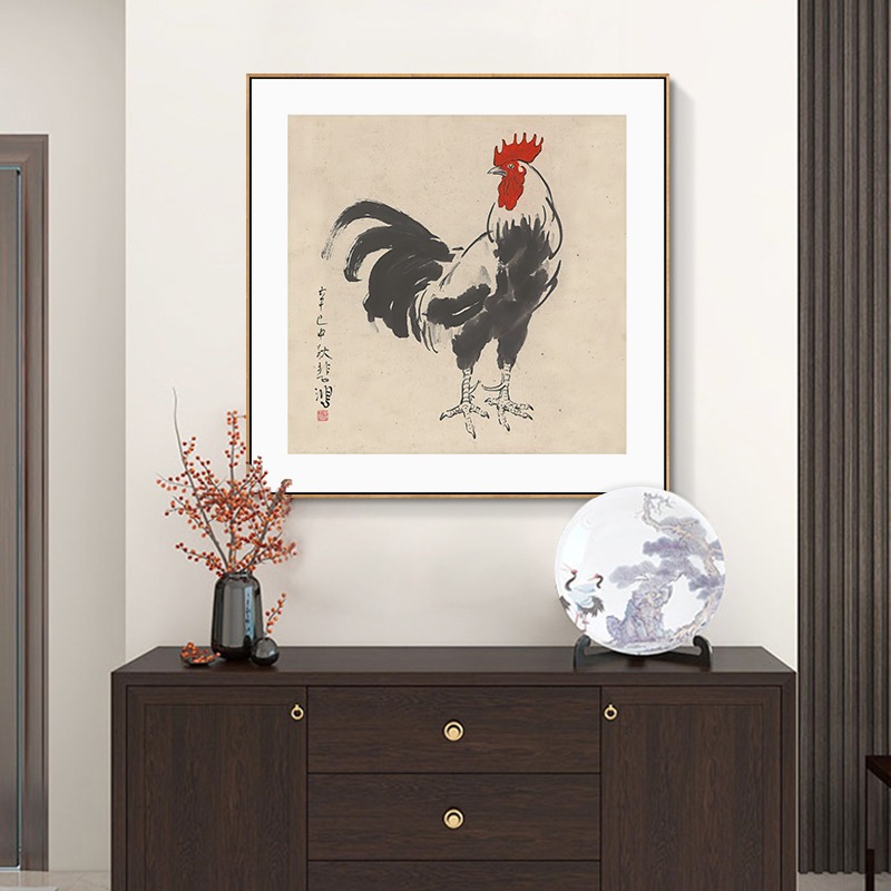 徐悲鸿国画鸡鸣富贵图大公鸡水墨画客厅玄关装饰画书房茶室挂画框图片