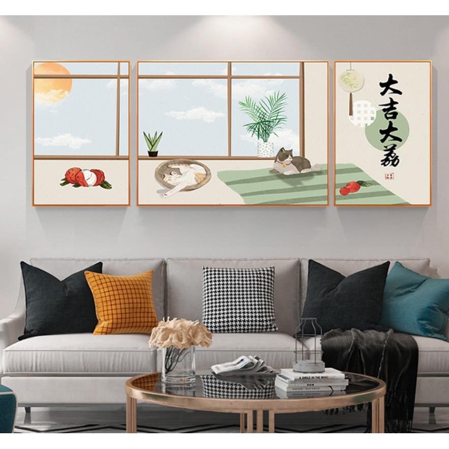 大吉大利新中式沙发背景墙壁画现代卡通猫咪水果客厅三联装饰画图片