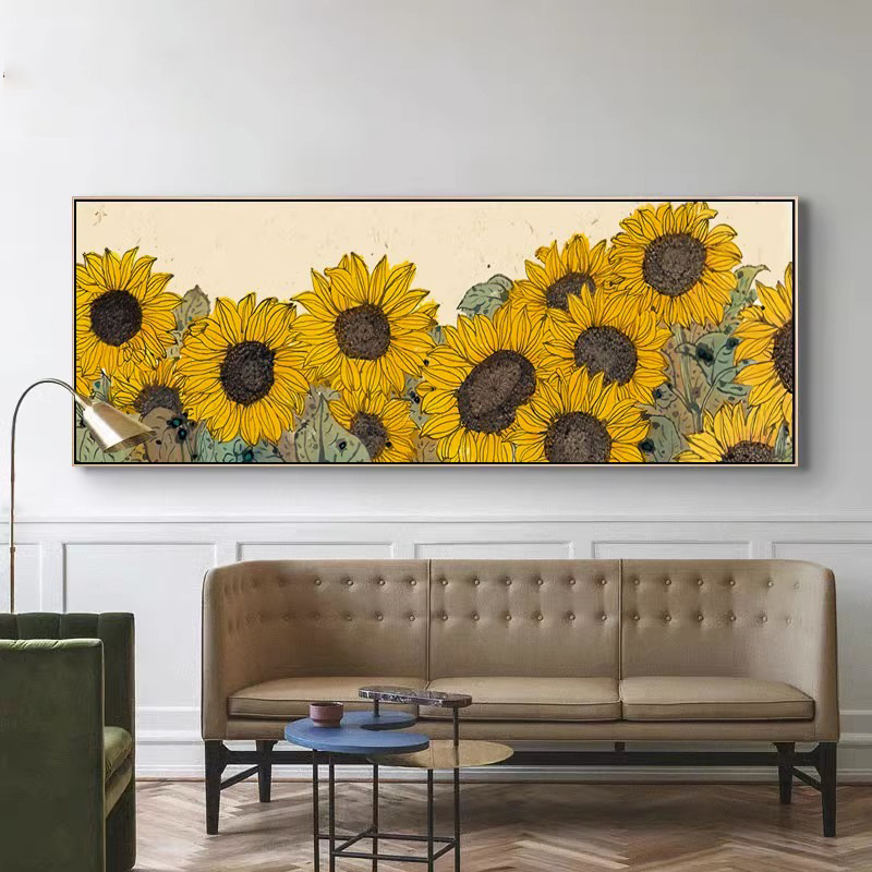 新中式向日葵卧室床头装饰画荷花中国风客厅沙发墙挂画原木风壁画图片