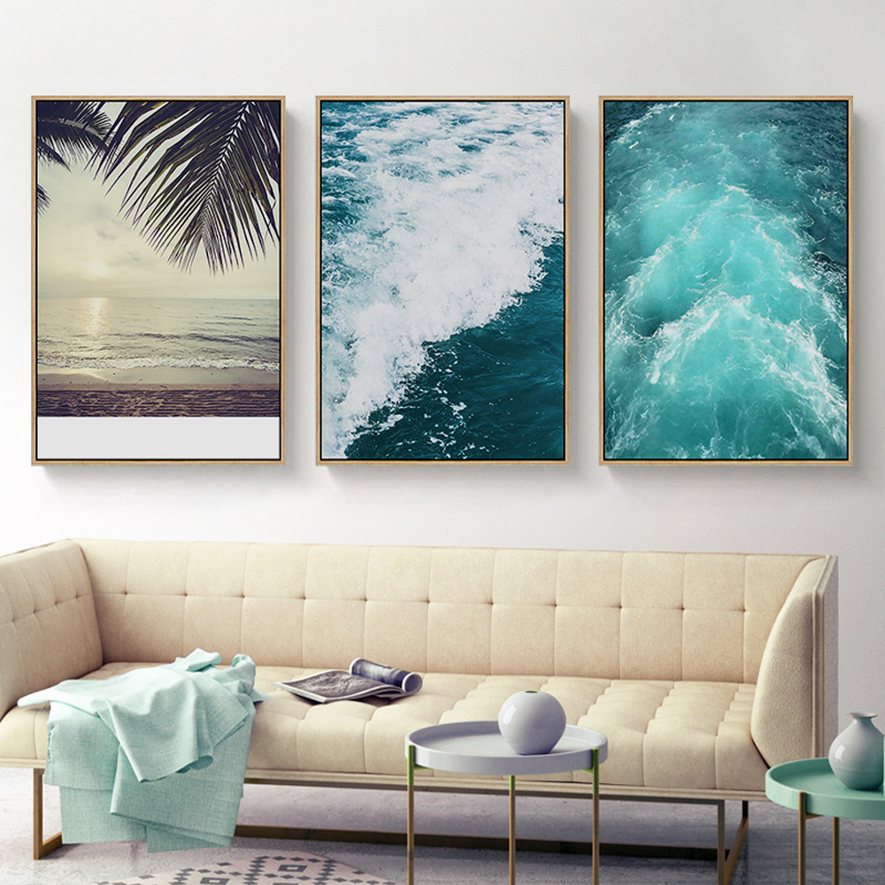 北欧客厅装饰画海浪沙发背景墙壁画三联挂画海滩民宿酒店大气海景图片