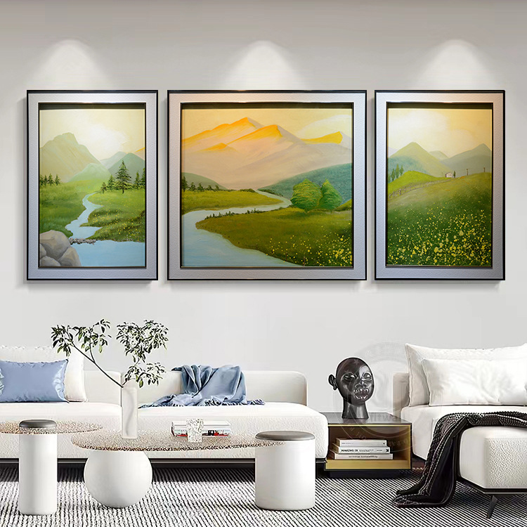 纯手绘油画客厅风景三联画现代简约北欧装饰画立体带玻璃肌理挂画图片