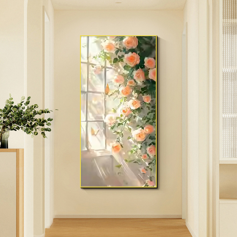 北欧奶油风花卉玄关装饰画高级感入户进门挂画轻法式走廊过道壁画图片