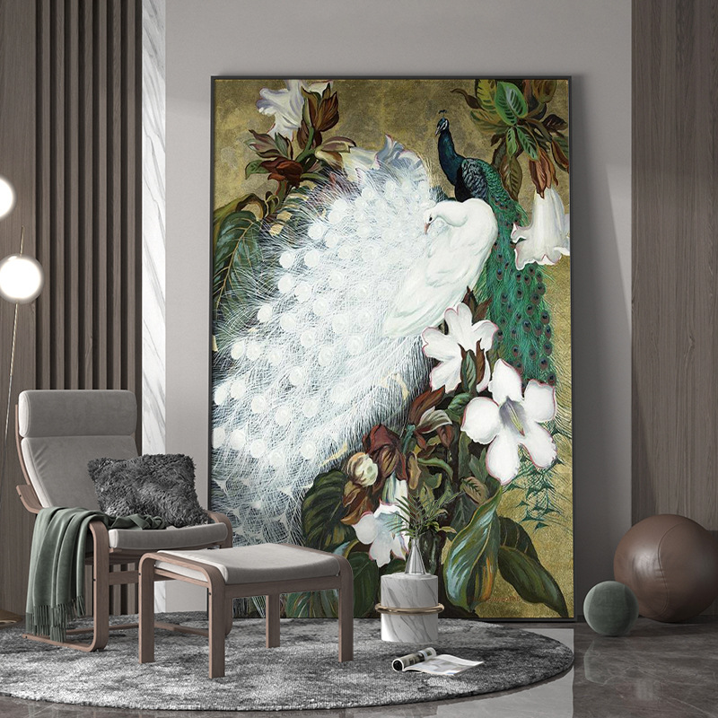 现代轻奢客厅玄关装饰画简美白色孔雀百鸟齐放花背景墙壁竖版挂画图片