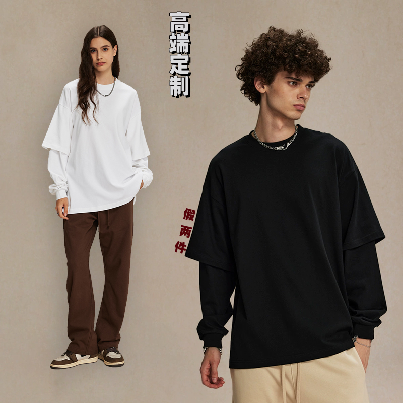 DIY印花刺绣logo定制305克重磅宽松假两件圆领长袖T恤男女潮牌款