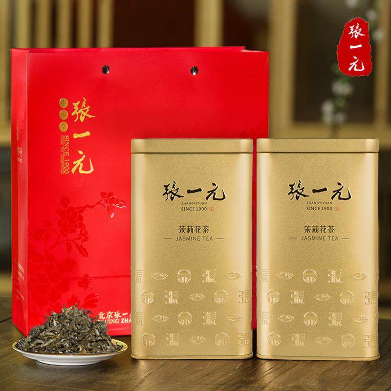 张一元官方旗舰店张一元特种浓香型八窨茉莉毛尖花茶 金桶两罐装4