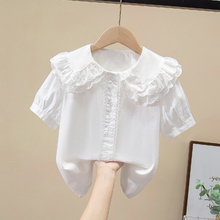 女童学院纯棉衬衫2024短袖娃娃领衬衣夏装中大童白色纯色洋气上衣