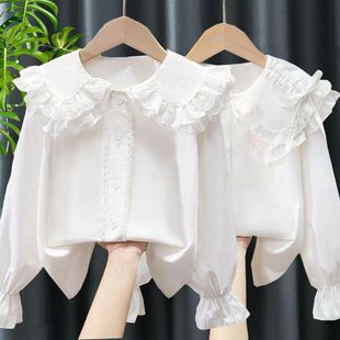 女童纯棉娃娃领长袖衬衫春秋2025新款中大童洋气儿童白色表演上衣