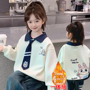 女童加绒卫衣2025新款洋气女孩POLO领卡通长袖上衣儿童秋冬打底衫