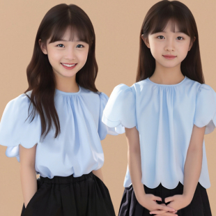 儿童纯棉上衣 女童夏季 纯棉短袖 2025新款 中大童甜美纯色花朵小衬衫