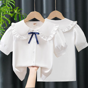 洋气中大童娃娃领衬衣儿童学院风白上衣 纯棉2025夏装 女童短袖 衬衫