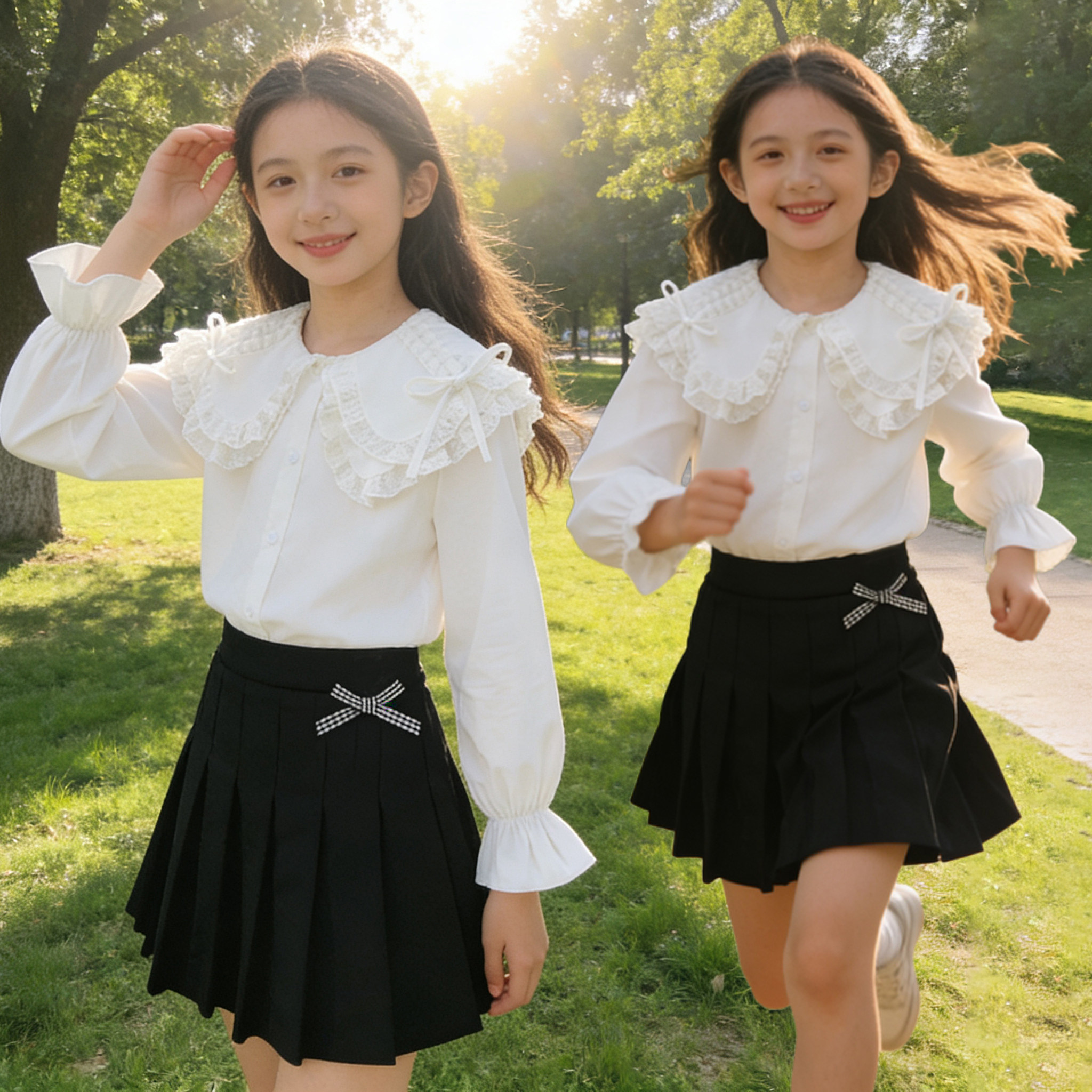 女童白色纯棉衬衫2026春装中大童娃娃领长袖衬衣小女孩学院百褶裙