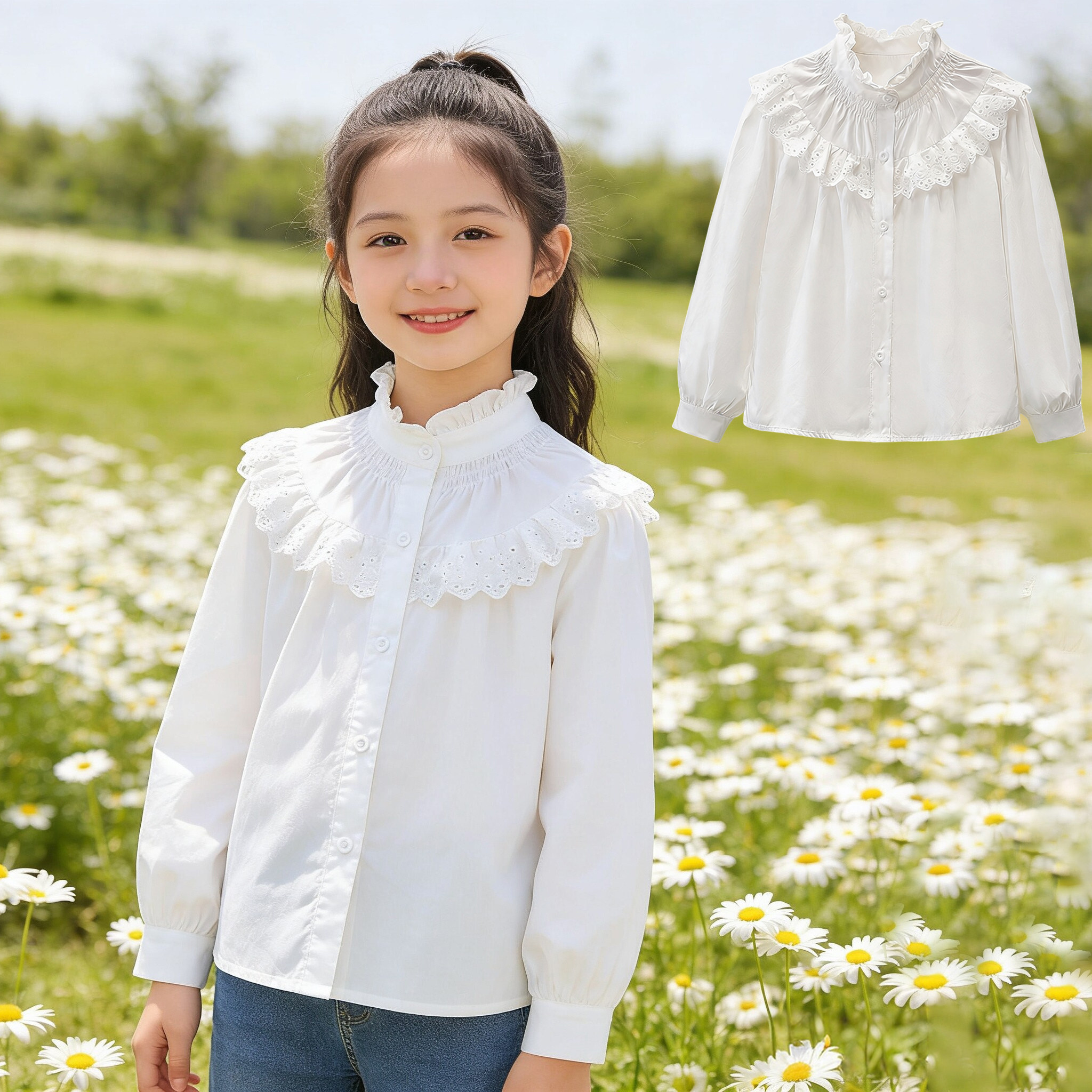 女童纯棉衬衫2026春装洋气公主风中大儿童白色衬衣小女孩长袖上衣 - 实物图