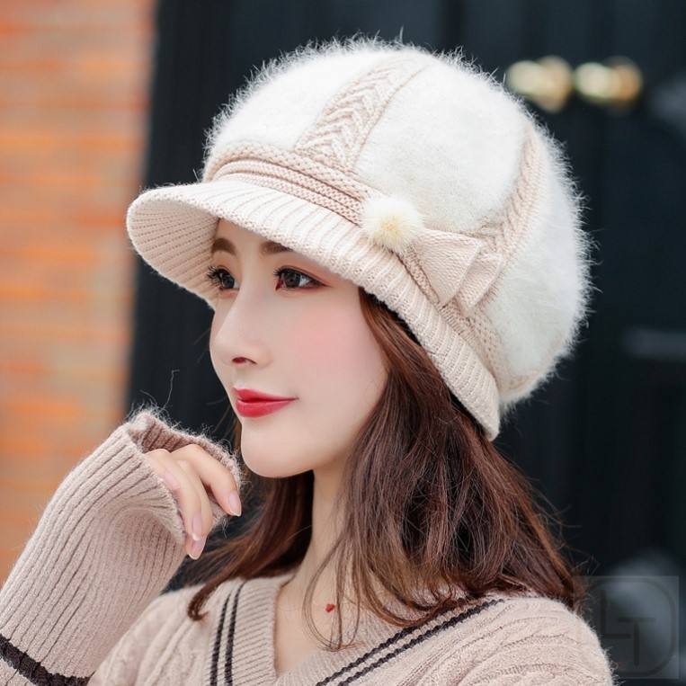 帽子女秋冬天加绒加厚护耳保暖帽户外骑车针织帽贝雷帽兔毛毛线帽