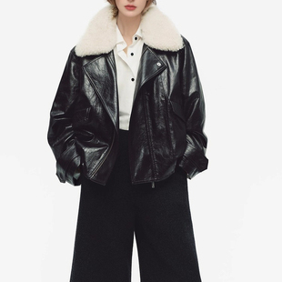 机车夹克皮衣女EBE4COT022 大毛领复古短款 ED棉服女2025冬季 新款
