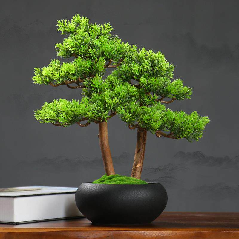 仿真迎客松盆景小摆件客厅桌面假花崖柏松树盆栽新中式造景装饰品