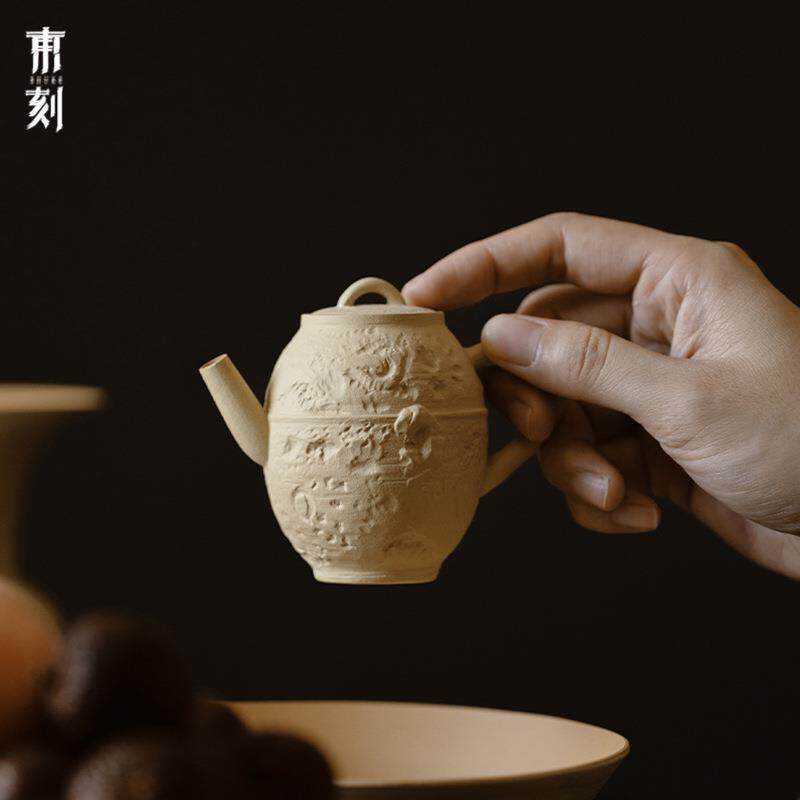 束刻紫砂黄段泥全手工寂雨茶壶仿古高档手执壶家用茶具泡茶小品壶